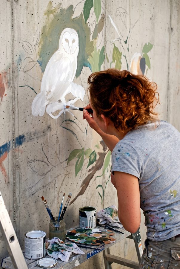 En train de peindre une fresque murale
