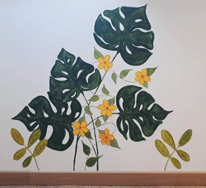 Fresque murale feuilles de monstera et fleurs jaunes